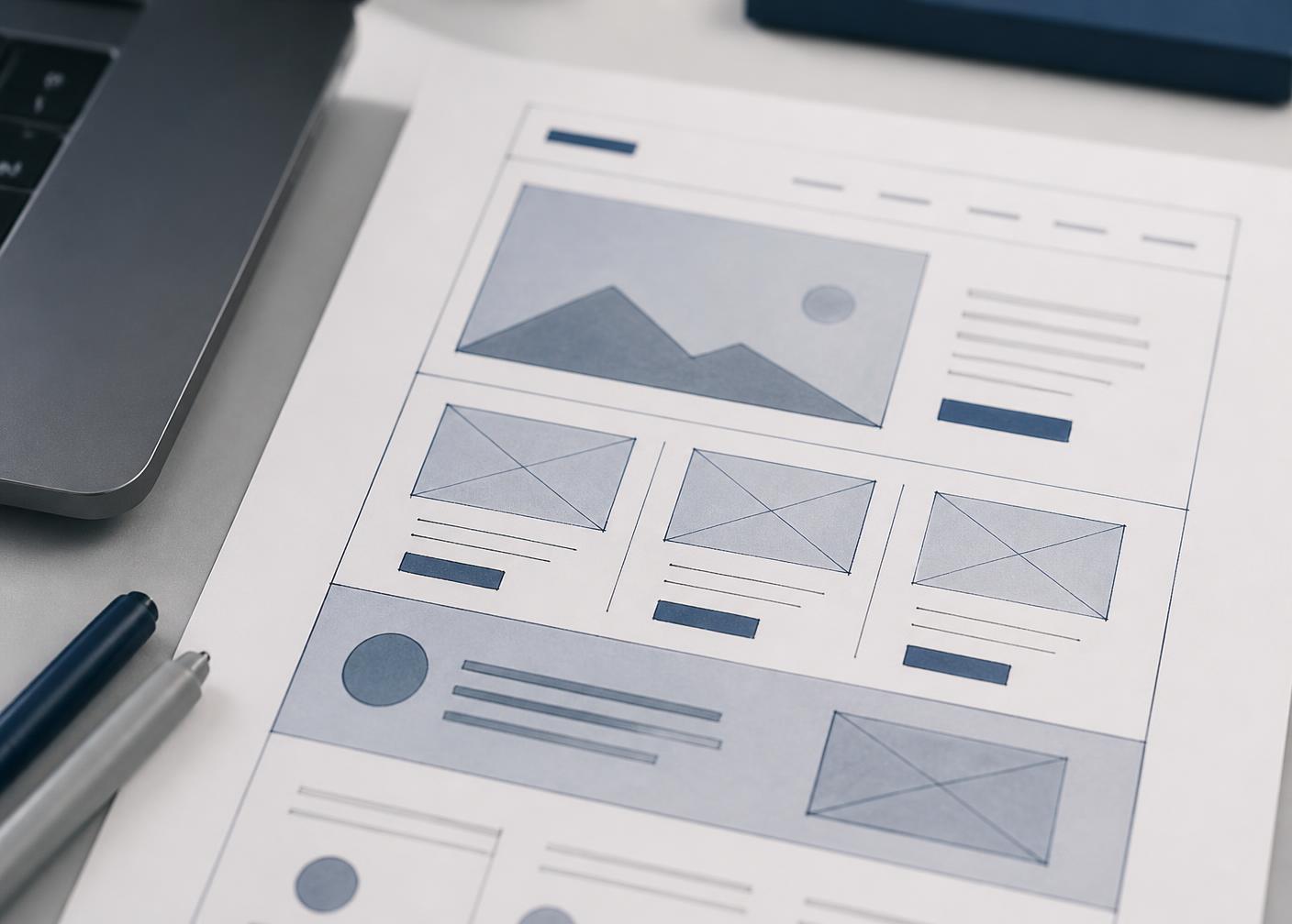 Wireframe-schets van een website naast een laptop